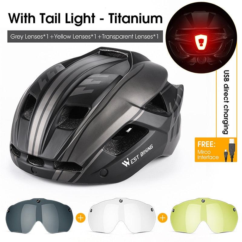 WEST BIKING Men Women Cycling Helmet With Taillight Goggles Sun Visor Lens Bicycle Helmet MTB Road Bike E-Bike Motorcycle Helmet - Pogo Cycles