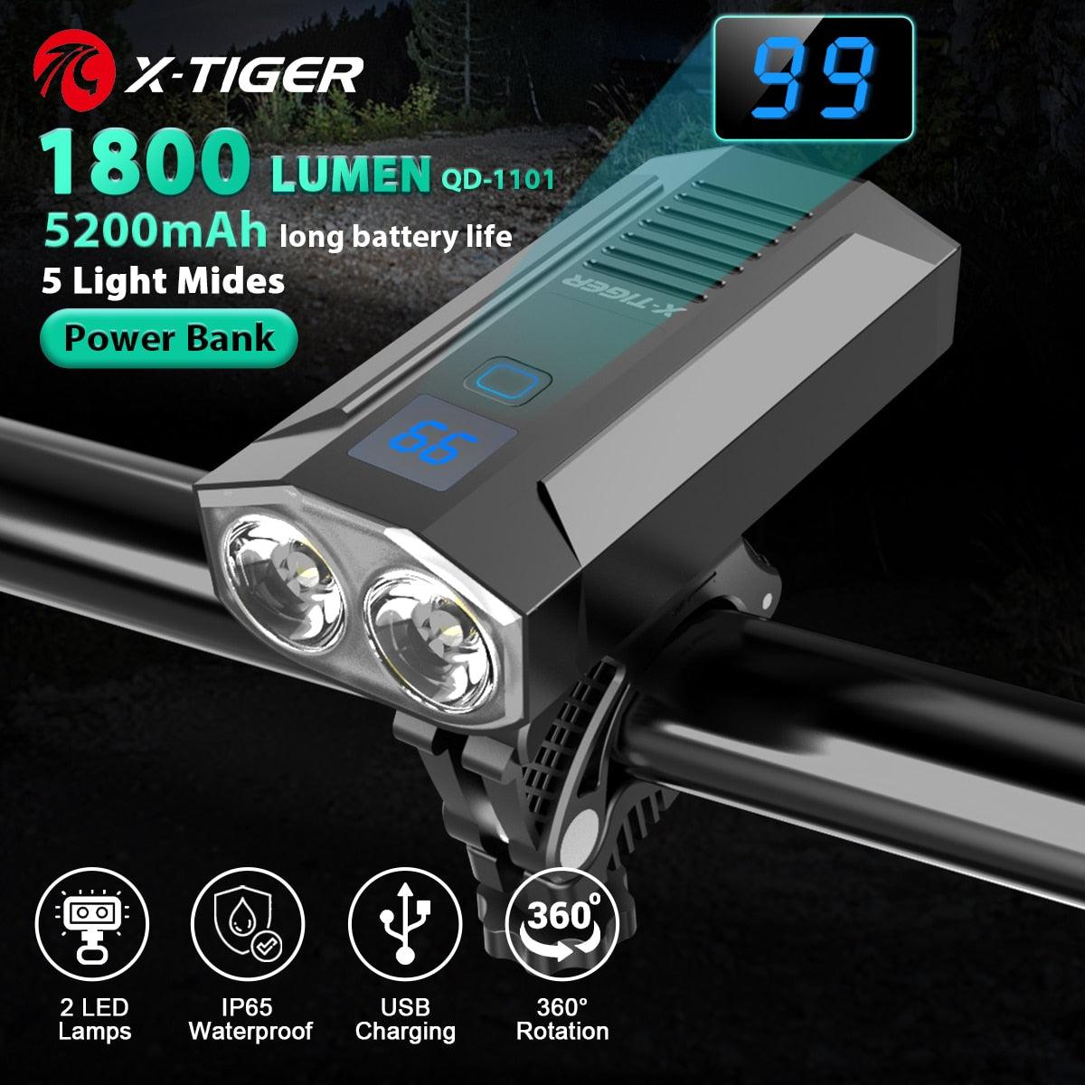 X-Tiger Bike Light Headlight Bicycle Lamp With Power Bank Rechargeable LED 5200mAh MTB Bicycle Light Flashlight Bike Accessories - Pogo Cycles