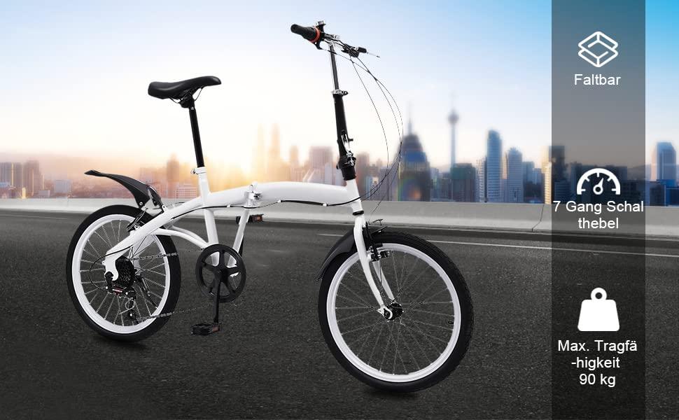 WSIKGHU 20 Inch Adult Folding Bike Foldable Bike 7 Speed Bike Compact City Bike Double V Brake Carbon Steel Folding Bike Adult Height Adjustable White Bike Front and Rear with Fenders - Pogo Cycles